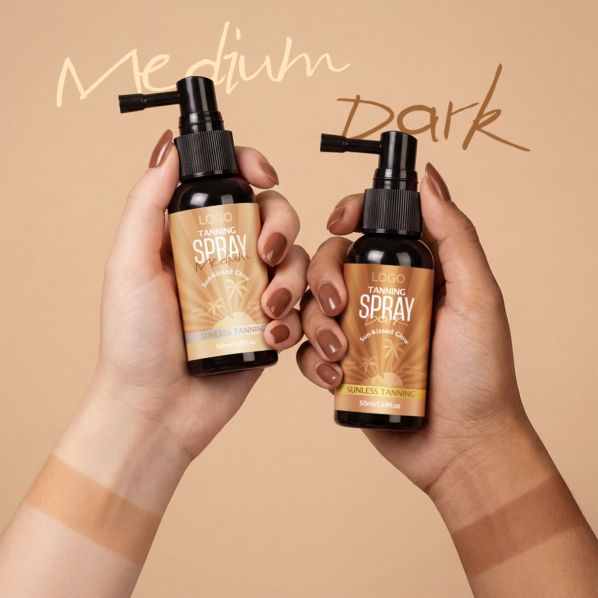 rapid tanning spray | natural bronzing self tanner for face & body Main image alt: Tanning spray bottle with natural bronze finish on white background Image 2 alt: Before and after applying tanning spray – even golden tan Image 3 alt: Hand blending tanning spray with a tanning mitt Image 4 alt: OEM tanning spray packaging mockup – custom label design Image 5 alt: Application of tanning mist on legs – no streaks